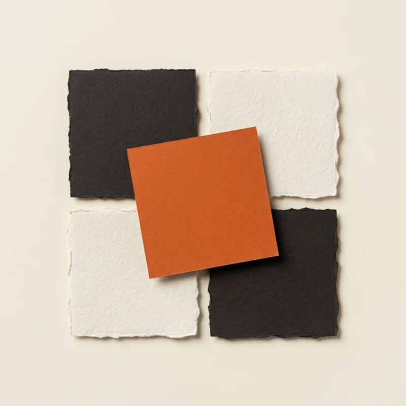 The Steady Posting mark: four paper squares in graphite and bone, with an orange square laid on top at an angle.